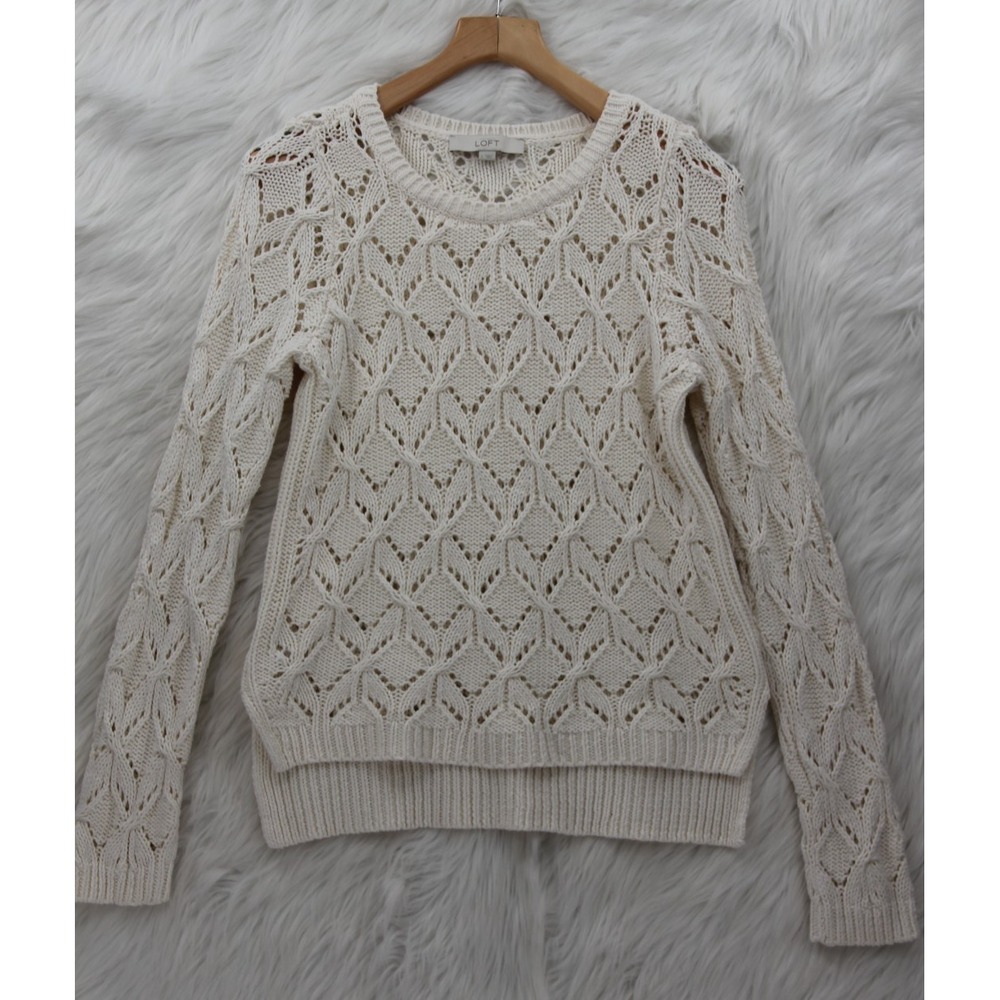 LOFT Open Knit Sweater Women's Size L Cream Cotton Blend Boho Minimalist Fitted